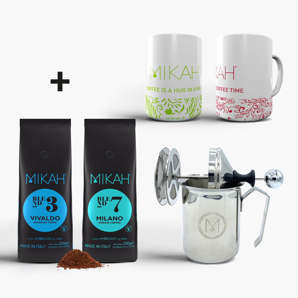 Cappuccino Tasting Kit: Mikah Milk Frother + 2x 250g coffee bags + 2 Free Mugs